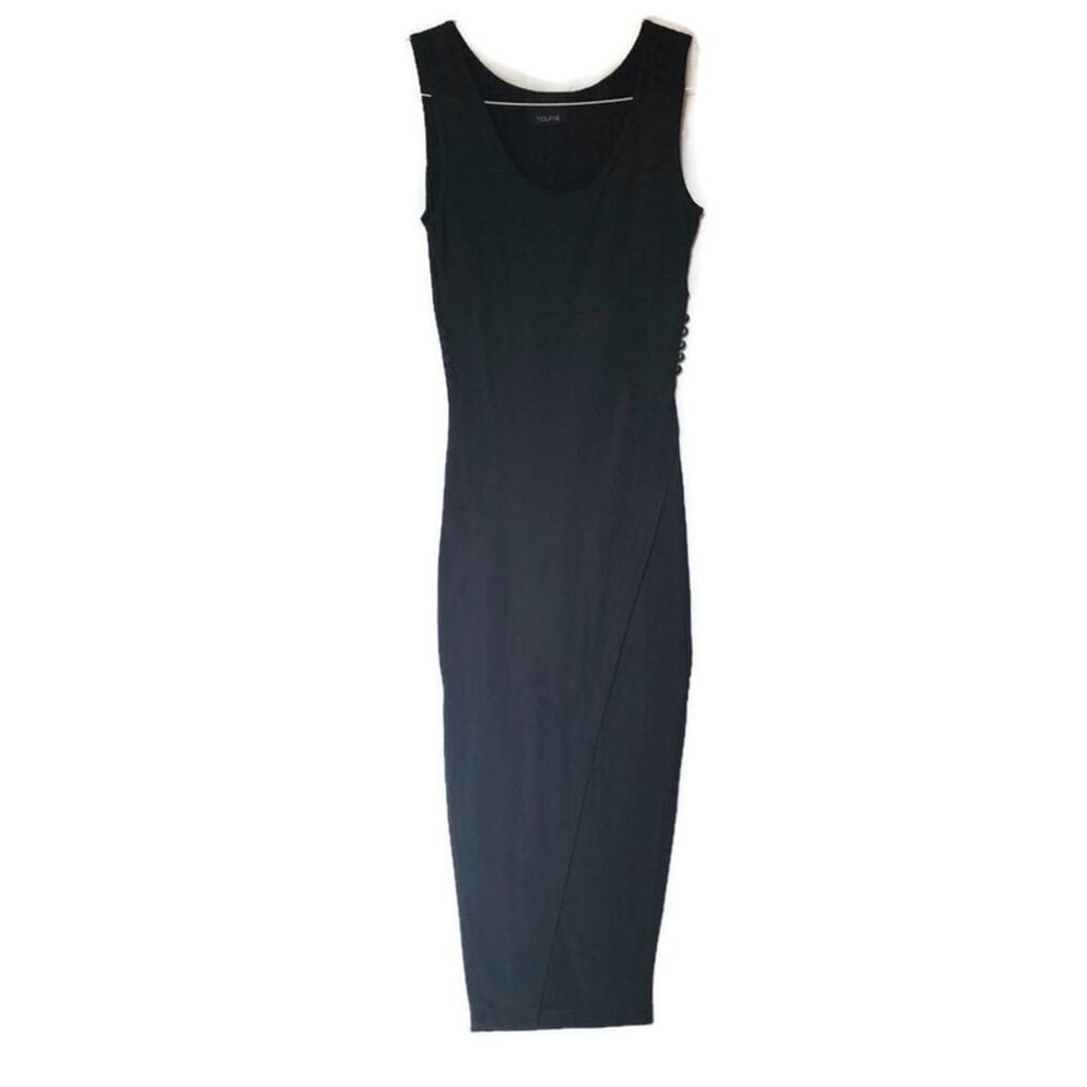 Vintage Toury Black Side Button Maxi Bodycon Dress